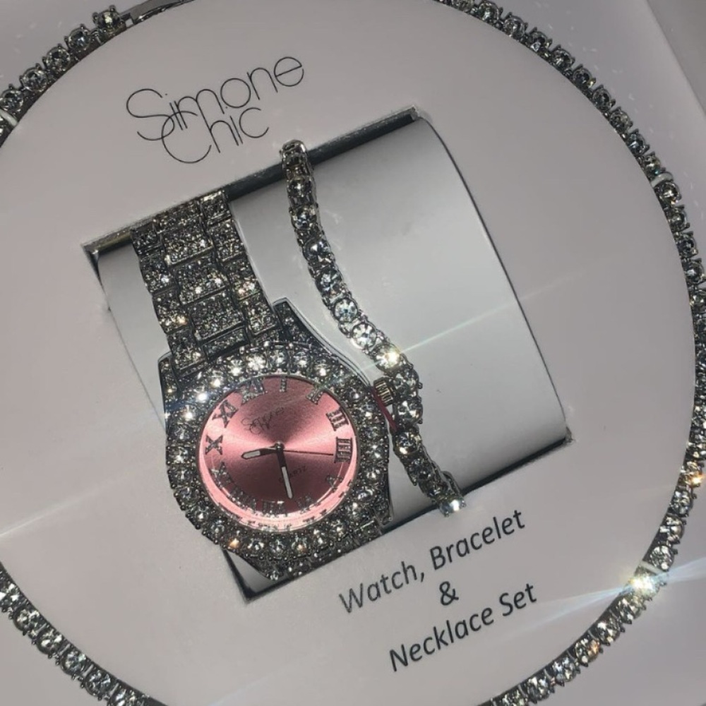 Simone Chic Silver and Pink Watch, Bracelet & Necklace Set